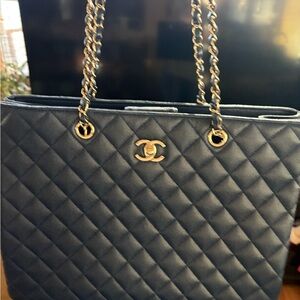 Chanel Turnlock Timeless Tote Quilted Navy Blue Cavier Leather Shoulder Bag SHW